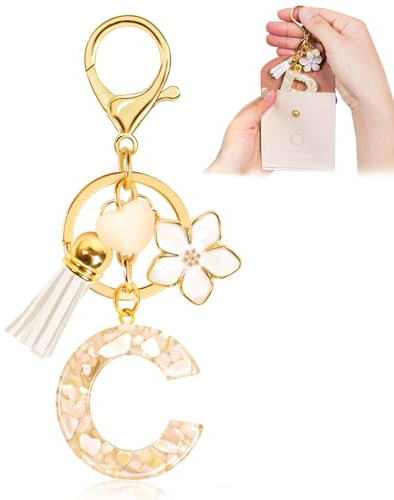 Fengguock Schlüsselanhänger Schlüssel Buchstabe Anhänger Schlüsselanhänger mit Anfangsbuchstaben Herzförmig Mädchen Keychain mit Blume Geschenk für Mädchen