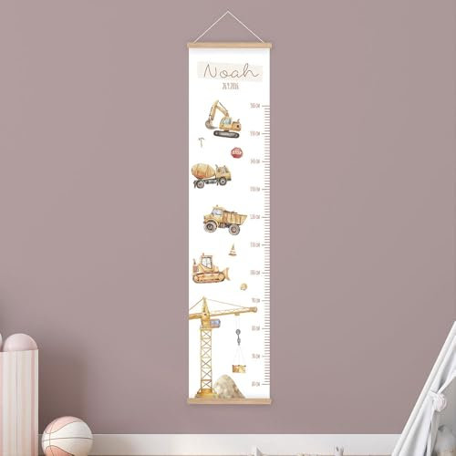 Personalisierte Messlatte Kinder Baustelle – mit Namen – 50-150 cm – Tiere Deko fürs Kinderzimmer – Wandtattoo ohne PVC – Wachstumstabelle Baby & Kind – Geschenk zur Geburt oder Taufe (Zum Aufhängen)