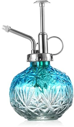 KoGiio Pflanzen Glas Sprühflasche, 240ml Retro Relief Pflanzensprüher mit Pumpe, Blumen Zerstäuber Drucksprüher für Balkon Kleiner Gartenpflanzen Indoor Haus Oder Büro Blau + Silber Sprühkopf