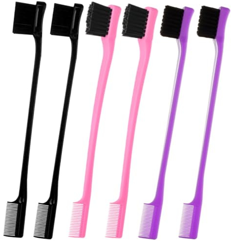 6Pack Double Sided Edge Control Hair Brush Professional Edge Control Hair Brush Comb Set, Dual-Sided Bristle Design, Pink Purple Black