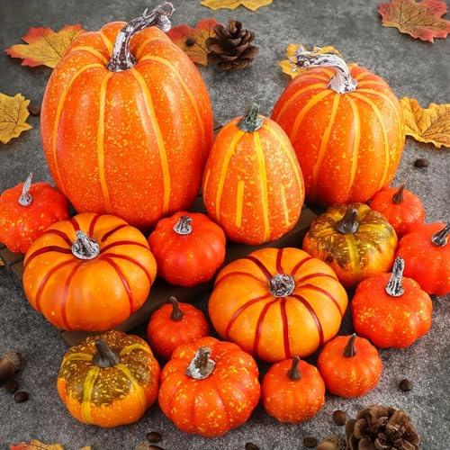 TEWWCEO Decorazioni Autunno Zucca, Set di Zucche Artificiali, Set di decorazioni autunnali, Autunnali Zucca Artificiale per il Raccolto Autunnale Halloween Ringraziamento (Arancione, 16 Pezzi)