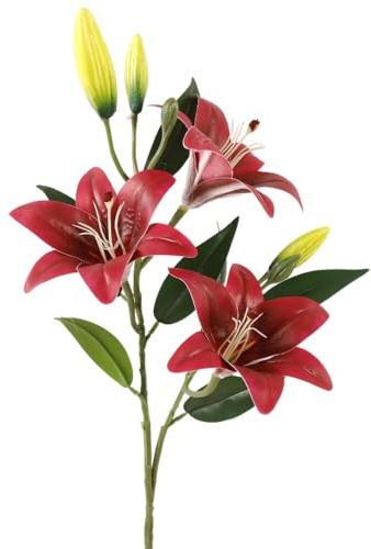 Real Touch - Flores artificiales de lirios artificiales, 80 cm de largo, 8 cabezas, flores falsas con 3 flores completas y 5 brotes, para decoración de jardín, boda y hogar (rojo)