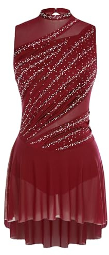 RUNQHUI - Vestito da donna per danza, pattinaggio artistico, ginnastica, senza maniche, con strass, per competizione di danza contemporanea, Bordeaux, S