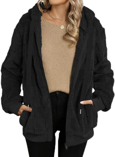 GRMLRPT Fleecejacka dam huvtröja teddy-fleece dragkedja huvtröja varm höst vinterrock snygg pälskappa plyschjacka med fickor (svart, XL)