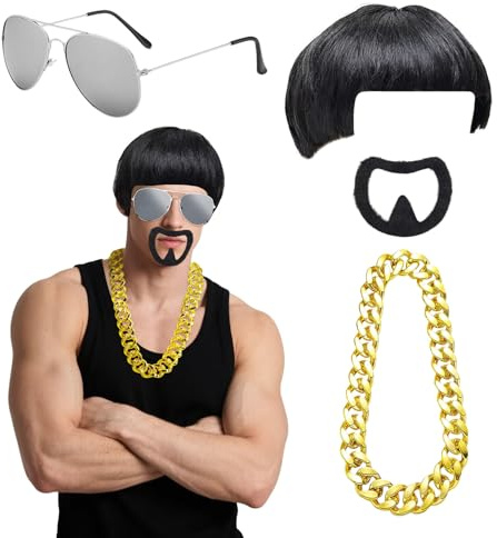 YAUOIPI 4 Pcs Ibiza Final Boss Costume Accessory Set, 60s 70s 80s Funny Bowl Cut Wig, Fake Goatee Beard, Gold Thick Chain, Silver Glasses, Mushroom Wig, for Movie Role Play, Cosplay Halloween