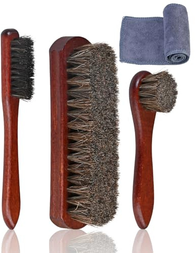 Brosse à Chaussures 4 Pièces Kit de Nettoyage de Chaussures Premium en Crin de Cheval avec Brosse à Cirage, Chiffon en Microfibre, Applicateur de Cirage et Brosse de Finition pour Cuir et Daim