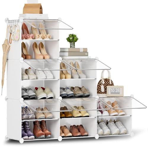 Scarpiera salvaspazio a 12 scomparti con porta, scarpiera modulare in plastica chiusa bianca, mobile per scarpe ingresso fai da te per corridoio camera da letto