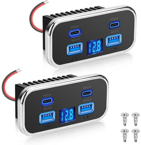 Linkstyle Campervan 12V USB Socket, 76W 4-Port USB Outlet with Voltmeter | Dual 20W PD 3.0 & Dual 18W QC 3.0 Fast Charging for 12V/24V Caravan Truck Marine, 2PCS