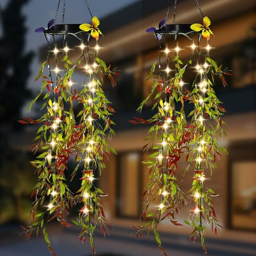 Solar Hanging Garden Lights, 2 Pack Artificial Plants Willow Leaf LED Fairy String Lights, IP65 Waterproof Ornaments Outdoor for Garden Patio Yard Porch Courtyard Wedding, Gifts for Women Mom Friends