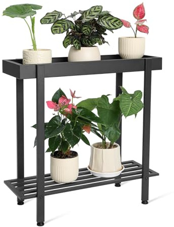 Zoapion Metal Plant Stand Indoor Outdoor,2 Tier Window Plant Table,Black | 26L x 8.66W x 24.40H,Tall Protective Raised Rim,Drainage Holes,Adjustable feet,110 lbs Weight Capacity,Wobble-Free