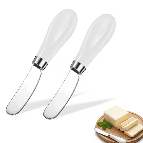 Homzixt 2Pack Ceramic Handle Stainless Steel Butter Knife, Dishwasher Safe | Butter Spreader Knife Set for Kitchen, Cold Butter, Jam, Soft & Hard Cheese (white)