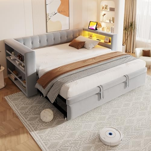 Xwiny Schlafsofa 90×190 cm, Tagesbett mit Großem Stauraum und LED-Beleuchtung, Einzelbett mit Ausziehbett, Multifunktionalem Polsterbett, Hellgrau (Ohne Matratze)