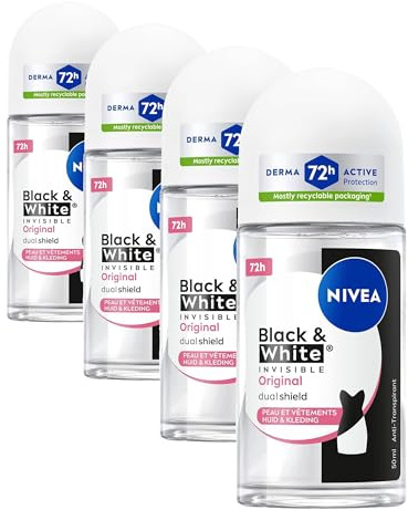NIVEA - Déodorant Bille Black & White Invisible - Déodorant Femme 72H Anti-Transpirant Aisselles - Protection 5-en-1 Anti-Traces & Irritations - 0% Alcool - Derma Active - Tous Types De Peaux - 50 ml