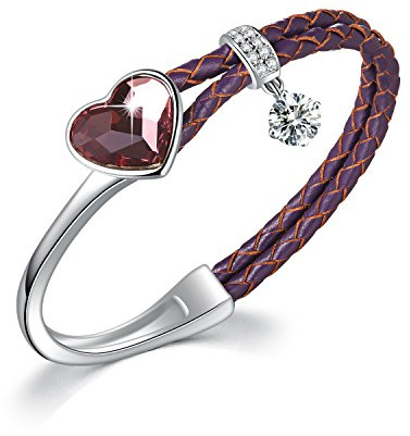 SUE'S SECRET Heart Crystal Bangle Bracelet Elegant Striped Leather Bands Unique Gift for Her Ladies Anniversary Wedding Women Birthday Christmas for Mom Wife Girlfriend
