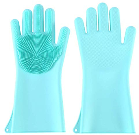Magic Silicone Dishwashing Gloves Scrubbing Sponge Gloves for Dish, Kitchen, Car, Bathroom, Pet and More,1 Pair (blue)