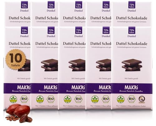 MAKRi Dattel Schokolade | Vegan & Bio, Laktosefrei und Glutenfrei, Ohne Zusatzstoffe | Dattelschokolade Ohne Raffinierten Zucker, Schokolade mit Datteln Gesüßt (Dunkel 72%, 10 Tafeln)