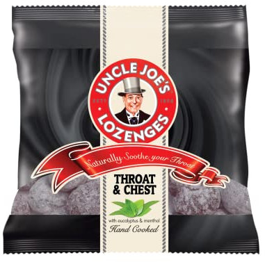 Uncle Joe's Throat and Chest Lozenges in a convenient 70g bag. Natural relief for sore throats and congestion, free from artificial flavors or colors.
