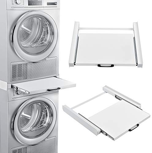 [en.casa] Kit de Superposition Universel Cadre avec Tablette Coulissante pour Lave-Linge Sèche-Linge Standard 60 cm Machine à Laver Acier Laqué Blanc
