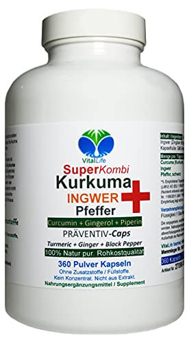 Curcuma KURKUMA + INGWER + PFEFFER SuperKombi 360 Kapseln CURCUMIN & GINGEROL & PIPERIN - NATUR PUR - OHNE ZUSATZSTOFFE. 27090-360