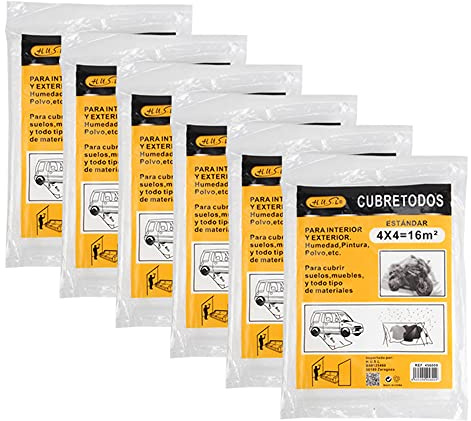 HUSL PLÁSTICO CUBRETODO ESTÁNDAR 4X12.5M (50m²), PROTECTOR PARA CUBRIR MUEBLES, PARA TAREAS DE PINTURA, PELÍCULA DE COBERTURA (4x4M-6 Piezas)
