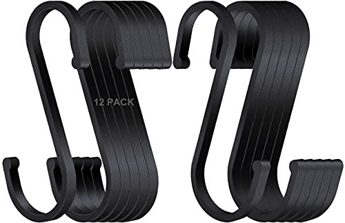 HONZUEN 12 Pack S Hooks for Hanging, Large S Shaped Hooks Heavy Duty – Black Metal, Rustproof Flat with Round Ends for Kitchen Utensil for Hanging, Bathroom, Closet, Garage, Office Storage Organizer