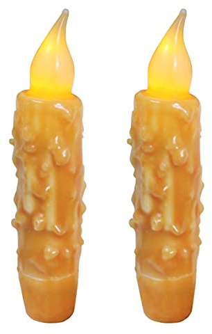 CVHOMEDECO. Echtwachs, handgetaucht, batteriebetrieben, LED-Timer, Kegelkerzen, rustikal, primitiv, flammenlos, 12 cm, Orange, 2 Stück in einer Packung