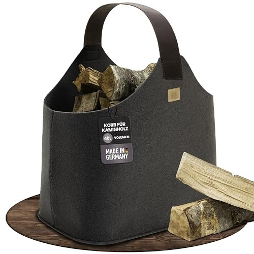 Filz Holzkorb für Kaminholz [60 L] - Made in Germany - Kaminholzkorb aus rPET Filz - Echtleder Henkel und Pflegeleichter Boden - Filzkorb Kaminholz 2 Aufsatztaschen easy and green® (Trüffelgrau)