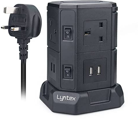 Lyntex Tower Extension Lead 3M, 6 Way Power Strips with 4 USB (4.5A), Multi Plug Extension Sockets, UK Mains Extension Plug for Laptops iPhones TV Tablets PC (Black)