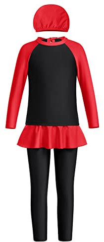 FYMNSI Kinder Baby Mädchen Muslimischen Badeanzug Modest Islamischen Ganzkörper Full Cover Langarm Top Hose Hut Burkini Set Wassersport Surfen Outfit Bademode Schwimmanzug Schwarz 11-12 Jahre