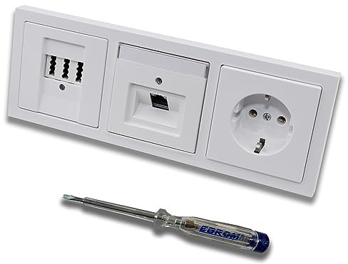Busch Jäger, Rutenbeck Unterputz Netzwerkdose 10 Gigabit/S 10GbE KAT6A 6A 1x RJ45 Anschluss + EBROM Telefon TAE 3x6 NFN + Steckdose Future Linear Studioweiß + EBROM Phasenprüfer zur Montage d. Geräte