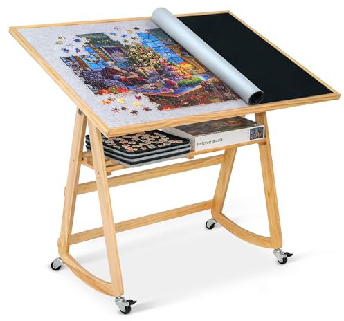 LAVIEVERT Puzzletisch mit Tischbeinen & Abdeckung, verstellbare Holz-Puzzlebrett-Staffelei mit Ablage, tragbarer kippbarer Puzzletisch mit 4 Rollrädern, für Puzzles mit 1500 Teilen