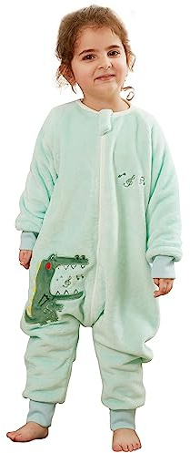 HAHASHOW Baby Winter Schlafsack mit Füßen Flanell 2.5 Tog 4-5 Jahre Grün | Warm und Weich, Zweiwege Reißverschluss, Maschinenwaschbar, mit Ärmeln und Geteilten Füßen, für Herbst und Winter