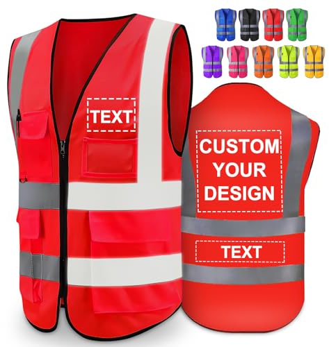Greaxid Gilet de sécurité personnalisé pour hommes, vêtements de travail de protection réfléchissants haute visibilité avec 5 poches pour la Construction en extérieur, S ~ 5XL