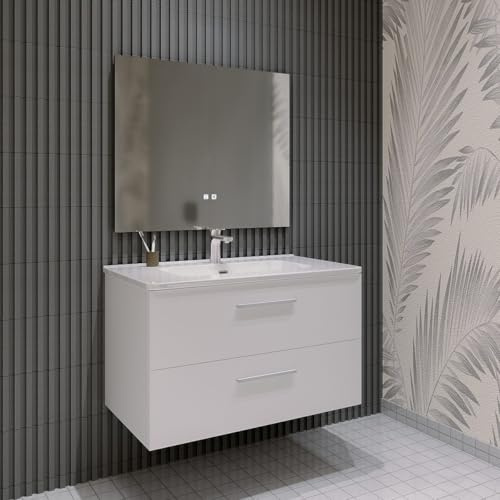 MarinelliGroup Mobile bagno SOSPESO 60 80 100 120 cm con lavabo in ceramica 2 cassetti LINDA (60 cm, Bianco)