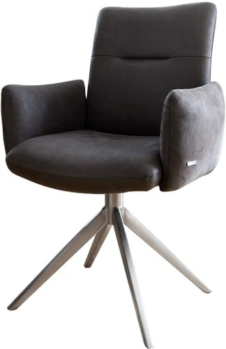 Esszimmerstuhl Jova-Flex mit Armlehnen Kreuzgestell breit Edelstahl Mikrofaser Anthrazit Vintage 360° drehbar Taschenfederkern