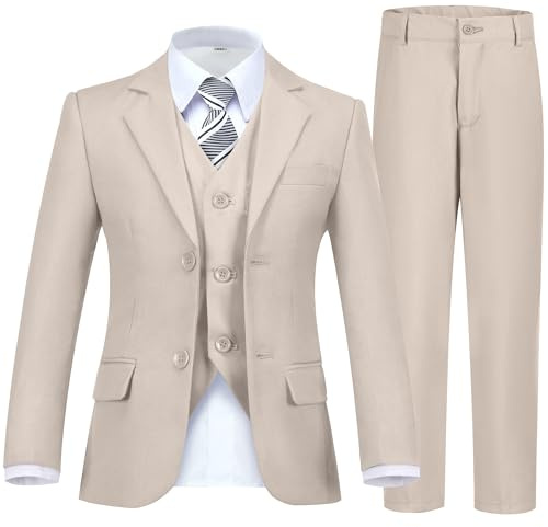 Fesenbo Boys' Slim Fit Formal 5 Piece Suit Set - Blazer, Vest, Pants, Shirt & Tie - Champagne Size 6Y