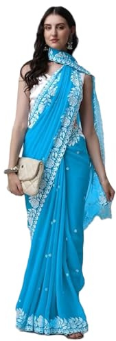 Estationeryhouse Georgette broderi kant arbete designer sari med blusstycke, Turkos-blå