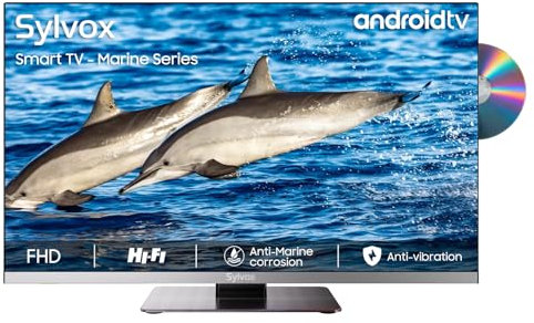 SYLVOX 22 Smart TV with DVD Player Built in, 1080P Frameless Android TV with Google Play, Voice Assistant, PAL SECAM, WiFi Bluetooth, HDMI USB, 12V TV for Motorhomes, Yacht, Coastal (Marine Series)