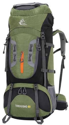 Bseash Zaino da escursionismo impermeabile 80 l con copertura anti-pioggia, zaino leggero per sport all'aria aperta, viaggio, arrampicata, escursionismo, Verde militare, 80L
