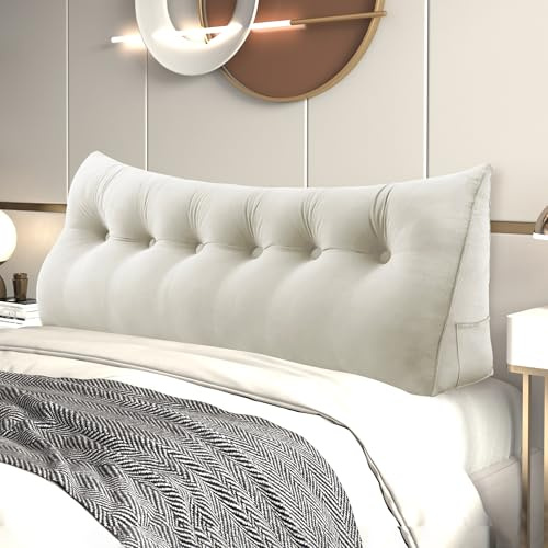 Keilkissen Bett Rückenlehne aus Holland-Samt, Rückenkissen Ergonomisches Dreieckskissen Lesekissen mit Knopfdesign & Seitentaschen, Abnehmbares Kopfteil Polster Wandkissen für Schlafzimmer Sofa