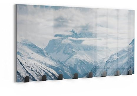 DEQORI Wandgarderobe Glas & Metall | Motiv Alpenmajestät | 60x30 cm | Design Haken-Leiste modern | Garderoben-Paneel für Flur, Wohnzimmer & Schlafzimmer | magnetisch & beschreibbar