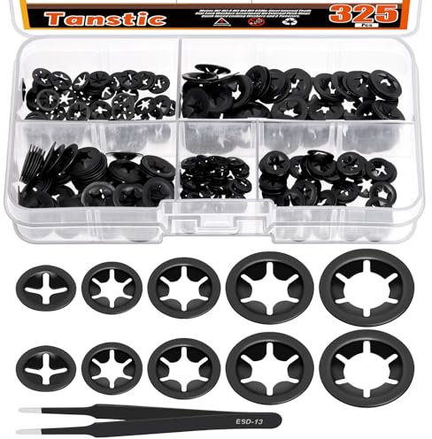 Tanstic 325Pcs Internal Tooth Star Lock Washers Push On Locking Washers Push Nuts Quick Speed Locking Washers with Tweezers for Machinery Equipment(M2, M2.5, M3, M4, M5)