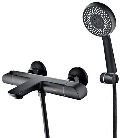 YAHUIHOME Badewannenarmatur mit Handbrause, Badewannenarmatur Schwarz mit Verbrühungsschutz 38 °C, Wannenarmatur Thermostat, Armatur Badewanne Mischbatterie mit Brause 6 Funktionen, 1.5M Duschschlauch