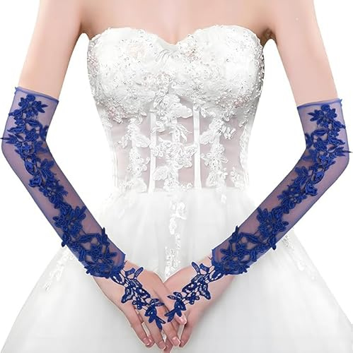 Theaque Guanti senza dita in pizzo lunghi 50 cm da donna guanti in pizzo senza dita da sposa festa di nozze accessori per costumi guanti, a-blu, Taglia unica