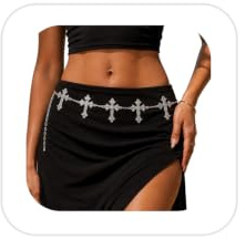 Silver Cross Pendant Waist Chain Belt,Long Waist Belt for Dress Jean Pants,Metal Stars Tassel Belly Chain Belt,Rave Outfit Link Waist Belt Jewelry for Women