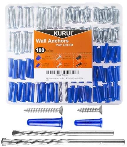 KURUI Concrete Anchors for Drywall Masonry Stucco Brick, 180Pcs Wall Hanging Assortment Kit for Wall Decor Picture Frame, 90 Dry Wall Anchors and 90 Flat Head Screws, Wall Hangers with Drill Bit