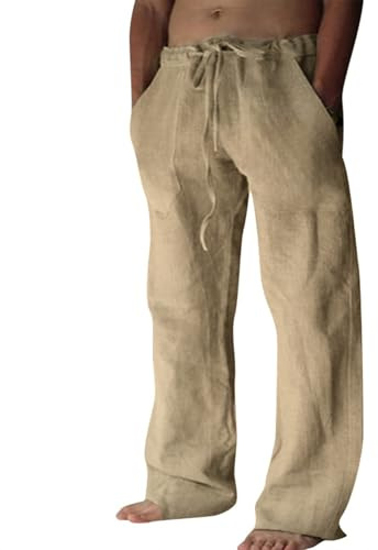 Cotton Linen Pants Men Casual Loose Fit Summer Beach Pants,Coffee,M