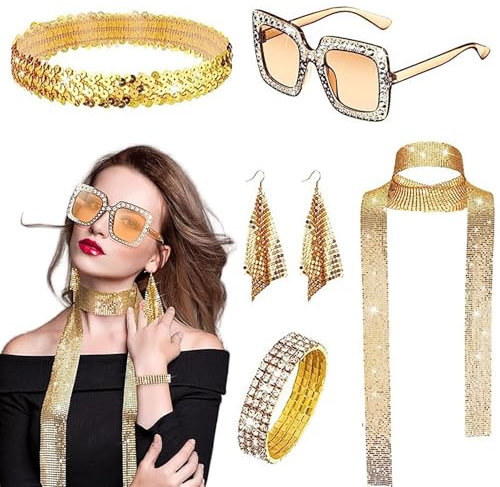 Foweknow Damen Haarband Ohrringe Halskette Armband Sonnenbrille 5 Stück 70er Jahre Zubehör Disco Accessoires Mit Pailletten 70er Jahre Glitzer Disco Karneval Kostüm Accessoires