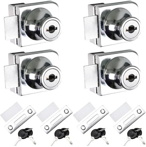 Selyse 4 lucchetti per porta in vetro da 5 a 8 mm, serratura per vetrina in vetro con chiave, senza foratura, serratura di sicurezza per porte in vetro e armadi, argento