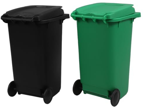 Operitacx 2pcs Recycle Bin Mini Wheelie Bin Trash Can Pencil Holder Waste Container for Pens Pencils Makeup Brushes Desktop（Black & Green）